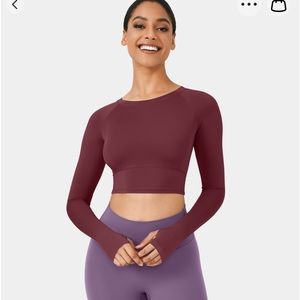 Halara Solid Long Sleeve, Thumb Hole, Yoga Crop Top, Dark Red
